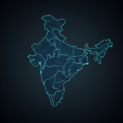 A stylized digital map of India with glowing electric cyan nodes representing tech hubs and connecting network infrastructure lines on a deep navy background.