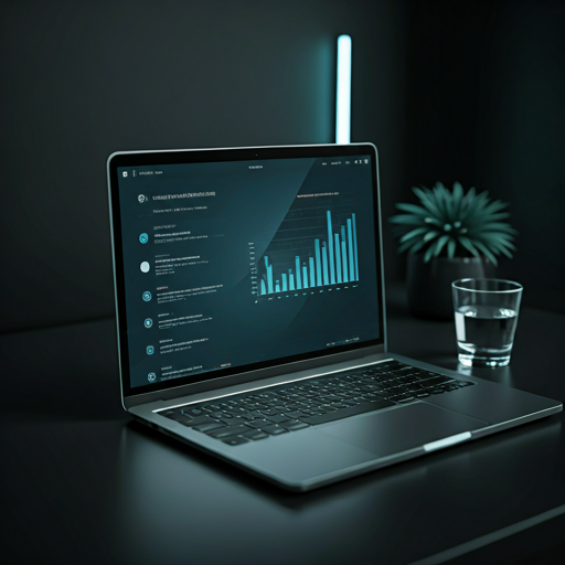 A clean minimalist workspace with a high-end laptop bathed in cool daylight, electric cyan glow from the screen.