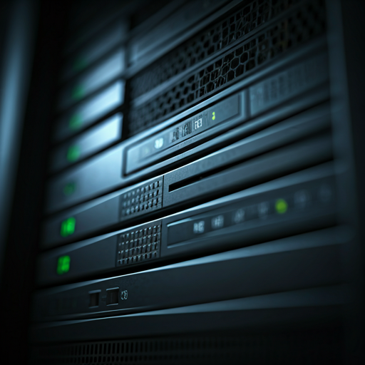 A macro photograph of a high-performance server rack in a modern data center illuminated by crisp white and deep blue neon lighting.