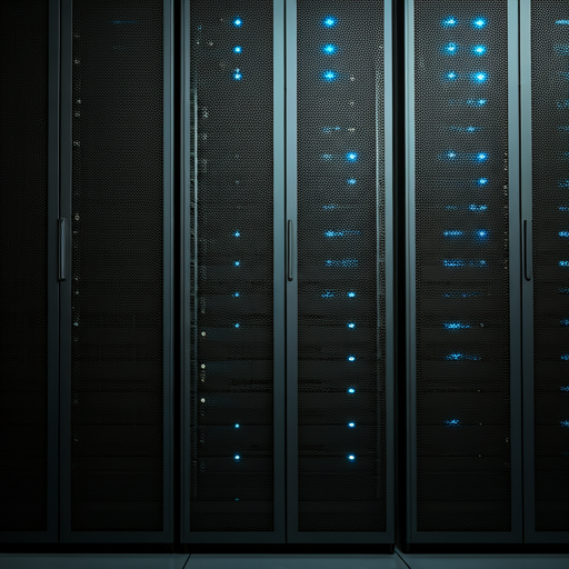 A high-tech server room with glowing blue LED indicators on vertical racks, shallow depth of field, cool professional lighting.