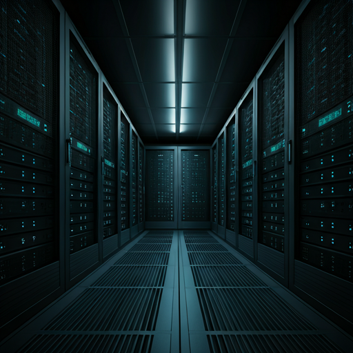 A futuristic server room with rows of glowing racks in deep navy and electric cyan tones.